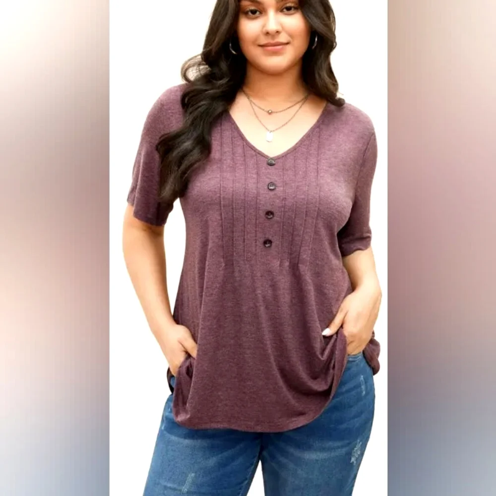 Bloomchic Putple Pleated Front Button Detail Soft Tee 2x - Picture 1 of 4